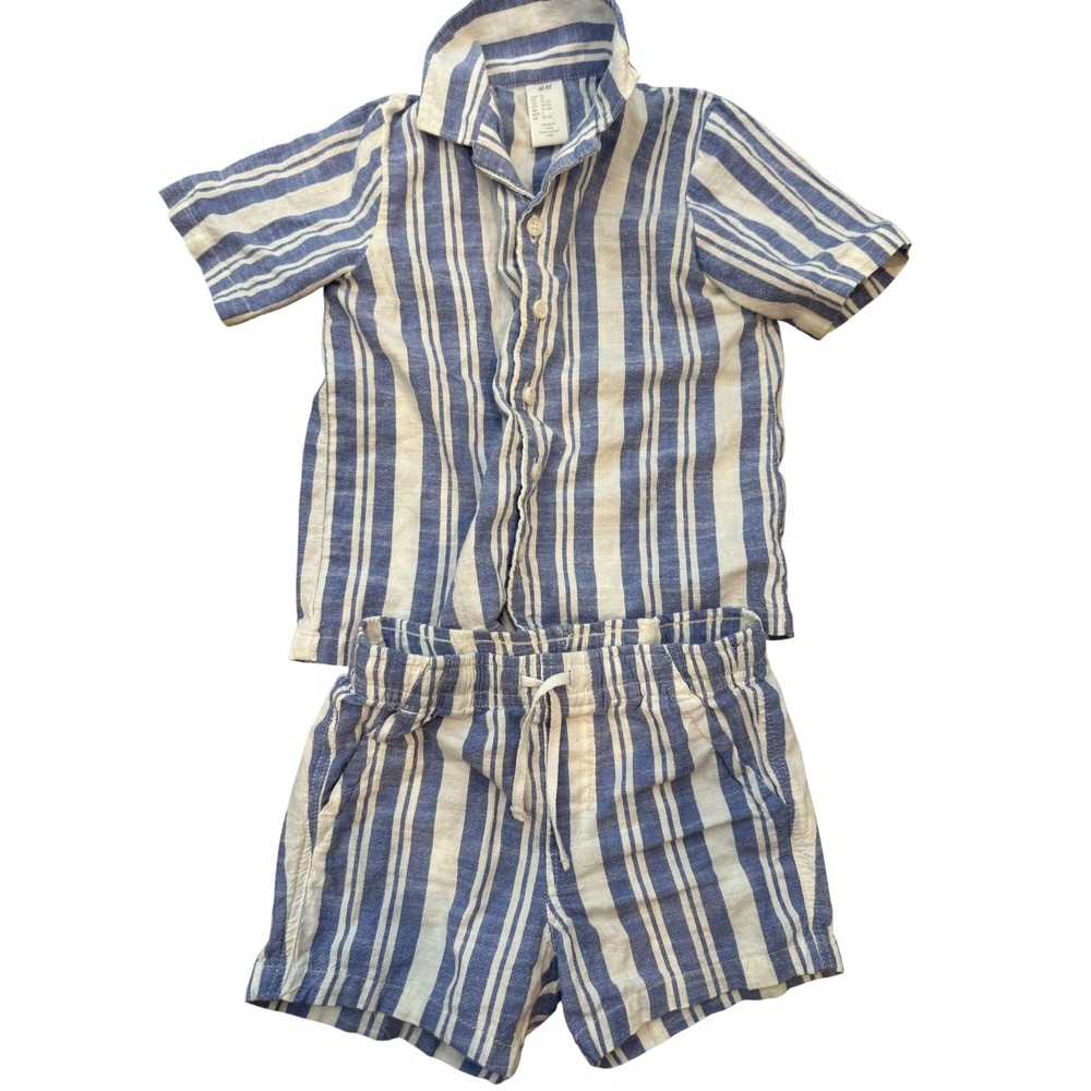 H&M Shirt Shorts Set Boys 2T Blue White Stripe Collared Button Summer Outfit